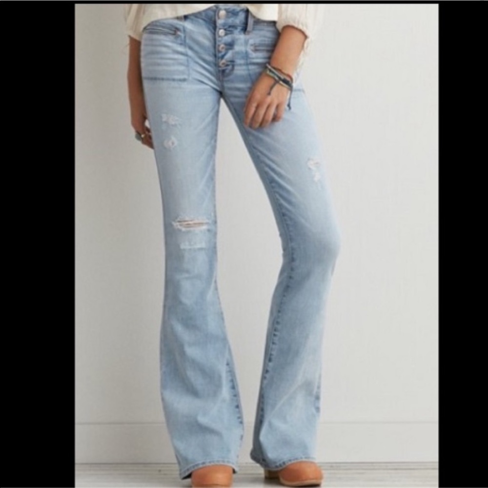 A&E boho artist flare jeans light wash distressed